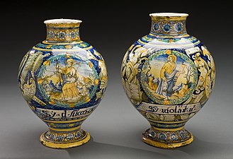 Italian jars showing St Matthew, 16th–17th century