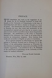 Preface to a 1908 copy of "The fragments of Empedocles," translated to English by William Ellery Leonard. Leonard dedicated the book to Newbold.