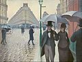 Image 5 Paris Street; Rainy Day Painting: Gustave Caillebotte Paris Street; Rainy Day (1877) is the best known painting by the French artist Gustave Caillebotte. This large oil painting shows a number of figures walking through the Carrefour de Moscou, a road intersection to the east of the Gare Saint-Lazare in north Paris. It was first shown at the Third Impressionist Exhibition of 1877, and is currently owned by the Art Institute of Chicago. More selected pictures