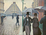 Paris Street; Rainy Day; by Gustave Caillebotte; 1877; oil on canvas; 2.12 x 2.76 cm; Art Institute of Chicago[218]