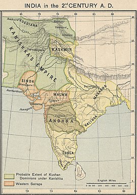 A map of India in the 2nd century AD showing the extent of the Kushan Empire (in green) during the reign of Kanishka. Most historians consider the empire to have variously extended as far east as the middle Ganges plain,[1] to Varanasi in the eastern Gangetic plain,[2][3] or probably even Pataliputra.[4][5]