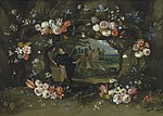 Jan Brueghel d. J., Lucas van Uden, Jan Thomas d’Ypres: Girlanden-Porträt von Nicolaas de Man auf seinem Landgut bei Antwerpen, 1653, Öl auf Leinwand, 105,8 × 147,8 cm, Privatsammlung (?)