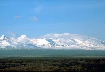 The massive shield volcano Mount Wrangell in the Wrangell Mountains.