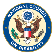 Seal of the National Council on Disability featuring a circle with blue ring and white letters spelling National Council on Disability. In the center is a light cream background and American eagle crest.