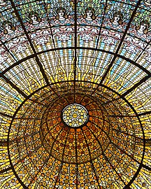 Stained glass ceiling of Palau de la Música Catalana by Antoni Rigalt (1905–1908)