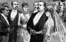 A sketch of Grover Cleveland and Frances Folsom in wedding attire with a crowd of guests