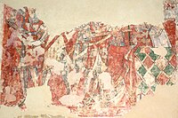 Wall painting of Thomas Becket's martyrdom painted in the 1330s in the parish church of St Peter ad Vincula, South Newington, Oxfordshire