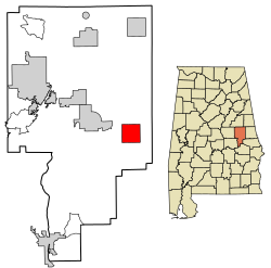 Location of Camp Hill in Tallapoosa County, Alabama.