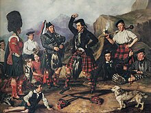 Busy scene of 8 men in various forms of Highland regimental uniform, with 3 children and dog also in-scene. The central figure is doing a Highland sword dance, near a bagpiper, while the other figures look on.