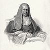 Half-length portrait of man sitting in a chair with a long, curly wig and wearing judicial robes. He is writing in a book on his lap with a quill pen.