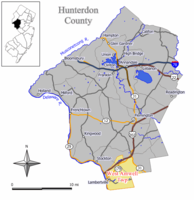 Location of West Amwell Township in Hunterdon County highlighted in yellow (right). Inset map: Location of Hunterdon County in New Jersey highlighted in black (left).