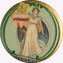 this pin was issued for the Forward Mining and Development Company of Denver. While it is suggestive of a suffrage image of a woman with banner or clarion, it is not a suffrage piece.