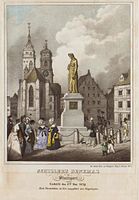 Schillerdenkmal, um 1839 (mit Absperrkette).