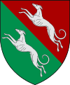 Arms of Clayhills: Per bend Sanguine and Vert, two greyhounds argent set in bend.