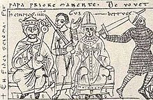 A miniature depicting a crowned man and a man who wears a tiara, each sitting on a throne with two armed men in the background