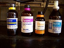 Bottles of sevoflurane, isoflurane, enflurane and desflurane, the most common fluorinated ether (flurane) inhalation anesthetics.
