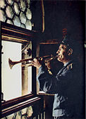 Cornet player, Hejnalista, in the tower of Saint Mary's Basilica