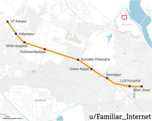 A map of the current network of Kanpur Metro