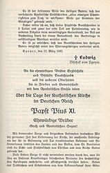 Erste Seite der Enzyklika „Mit brennender Sorge“, Ausgabe aus dem Bistum Speyer, mit einem Vorsatz von Bischof Ludwig Sebastian, gedruckt in der Jäger`schen Druckerei Speyer, die deshalb enteignet wurde