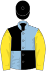Light blue and black (quartered), yellow sleeves, black cap