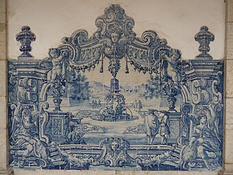 Azulejo in the cloisters of the Monastery of São Vicente de Fora, Lisbon, Portugal, with a scene based on a print by Jean Le Pautre, unknown architect or craftsman, 1730–1735[72]