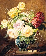 Roses in a vase with a silver casket on a ledge, oil on canvas, 53.3 × 46.3 cm