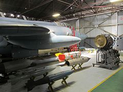 SAAF Blackburn Buccaneer on static display with munition loadout and its Blue Parrot radar system.