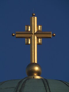 The unique cross design of the church symbolizing a Serbian Heraldic Cross