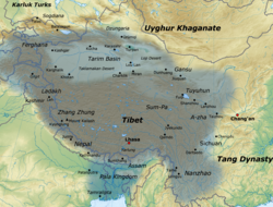 Map of the Tibetan Empire's influence at its greatest extent, in the late 8th to mid-9th century[1]