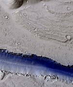 Portion of a trough (fossa) in Elysium, as seen by HiRISE under the HiWish program (blue indicates probably seasonal frost)