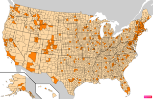 Counties in the United States by the percentage of the over 25-year-old population with bachelor's degrees according to the U.S. Census Bureau American Community Survey 2013–2017 5-Year Estimates.[30] Counties with higher percentages of bachelor's degrees than the United States as a whole are in full orange.