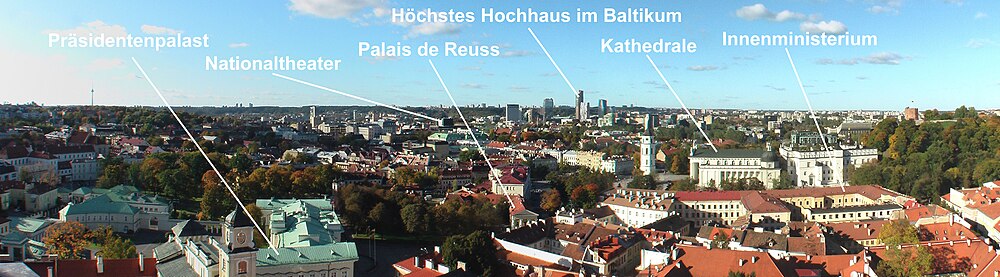 Farbiger Panoramablick nach Norden mit den von links nach rechts führenden Gebäuden Präsidentenpalast, Nationaltheater, Palais de Reuss, Europa Tower, Kathedrale, Innenministerium.
