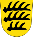 Das Wappen der Württemberger zeigt erstmal 1228 drei schwarze Hirschstangen. Dieses Wappen wurde Ende des 12. Jahrhunderts von den Grafen von Veringen übernommen, als Graf Hartmann die Erbtochter der Grafen von Veringen heiratete.[2]