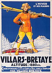 Drawing of a giant woman in a ski suit carrying skis. A train is passing between her legs. The landscape is snowy and the dents du Midi can be seen in the background.