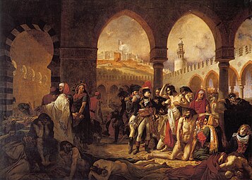 Bonaparte Visiting the Plague Victims of Jaffa; by Antoine-Jean Gros; 1804; oil on canvas; 5.2 x 7.2 m; Louvre[31]