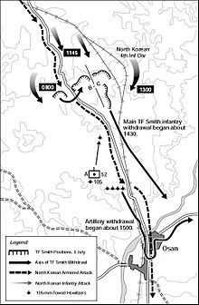 Map of a group of US positions on two hills north of a town, with movements of large Chinese forces moving south and enveloping them