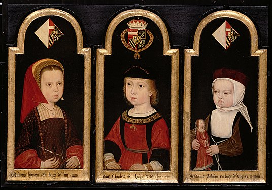 Archduke Charles (later Holy Roman Emperor Charles V), aged 2, with his sisters Eleonore and Isabella. Charles's arms are depicted on a shield with a label indicating that he is his father's heir while those of his sisters are on lozenges with half left blank, to be filed with those of their future husbands.