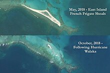 Before and after images of East Island showing that Hurricane Walaka's storm surge swept away most of the island and deposited the soil over coral reefs to the north