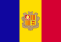 The flag of Andorra, a charged vertical triband.