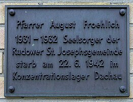 Commemorative plaque in memorial of August Froehlich, in front of St Josef's parish in Berlin-Rudow.