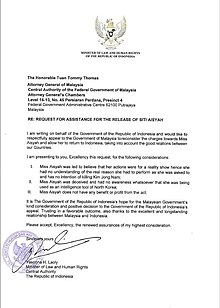 Indonesian Government Letter to Malaysian Government for the Release of Siti Aisyah