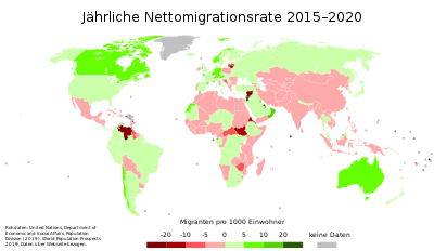 Weltkarte. Länder sind in Grün- bzw. Rottönen eingefärbt. Grün: Mehr Menschen migrieren in das Land, als es verlassen. Rot: Mindestens genauso viele verlassen das Land, wie in das Land migrieren. Hervorzuheben sind das dunkelrote Syrien und Venezuela, aus denen viele Menschen emigrieren.