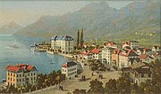 Brunnen and Rigi Hochflue from the south-east, c. 1880. Hand-coloured etching by Heinrich Müller