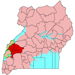 Location of the Tooro Kingdom (red) in Uganda (pink)