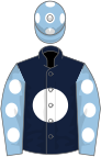 Dark blue, white disc, light blue sleeves, white spots and cap