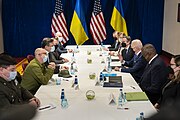 Secretary Blinken and President Biden with Ukrainian Foreign Minister Dmytro Kuleba and Minister of Defense Oleksii Reznikov in Warsaw, Poland, March 2022