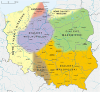 A map of Polish dialects. The Pomorze region contains the Kashubian language and a mix of Polish dialects from other parts of the country.