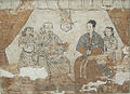 The tomb occupants are Han but are wearing Mongol-style clothing. The female tomb occupant is depicted wearing the woman's red Mongol robe under a short overjacket but does not wear the gugu hat, Shazishan Tomb Fresco, Yuan Dynasty.