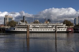 The Delta King is in use as a floating restaurant/hotel in Old Town Sacramento, California