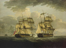 Two single decked sailing warships exchange fire side by side on a choppy sea beneath dark skies. In the distance the silhouette of another ship approaches